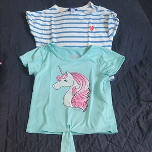 Mint Unicorn Tie-Front Tee + Blue Stripe Heart Tee - Girls 4 Years